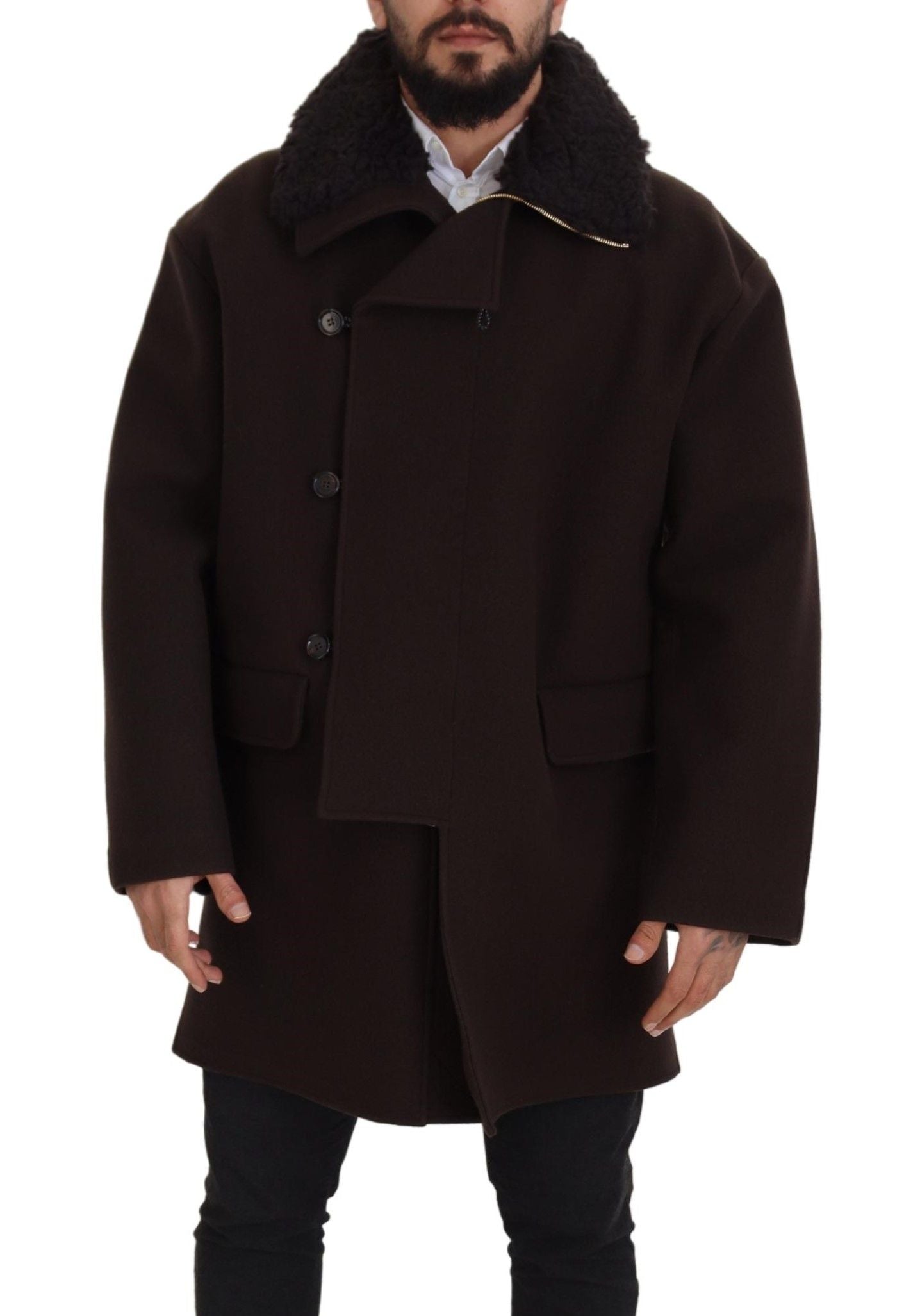 Dolce &amp; Gabbana Elegant Dark Brown Shearling Coat Jacket