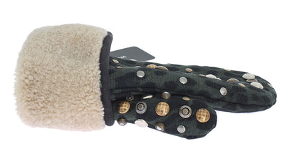 Dolce &amp; Gabbana Elegant Studded Gray Wool Shearling Gloves