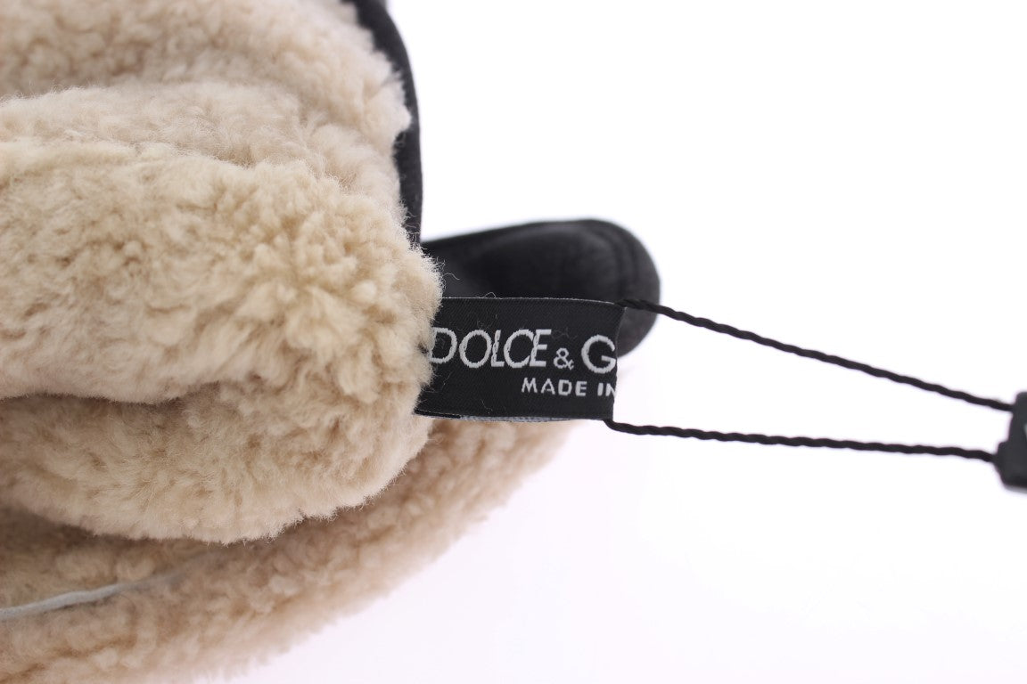 Dolce &amp; Gabbana Elegant Studded Gray Wool Shearling Gloves