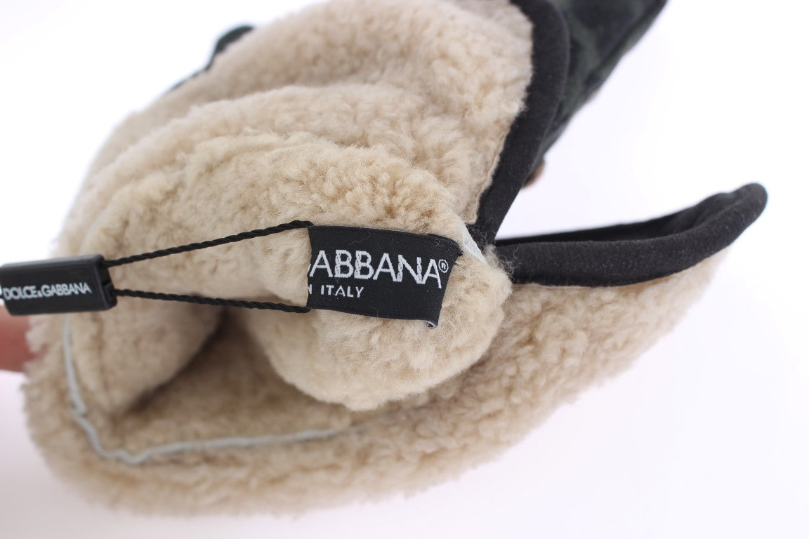 Dolce &amp; Gabbana Elegant Studded Gray Wool Shearling Gloves