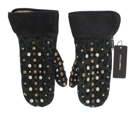 Dolce &amp; Gabbana Elegant Studded Gray Wool Shearling Gloves