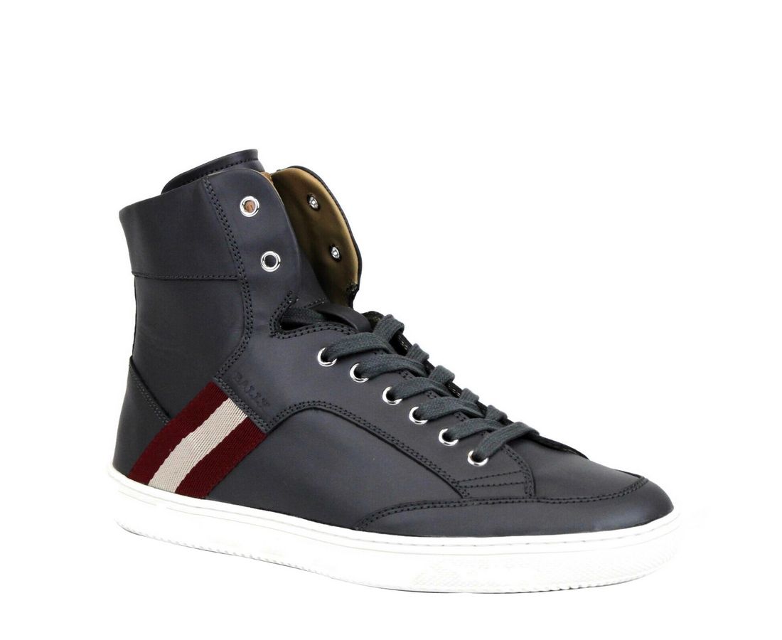 Bally Dark Gray Calf Leather Hi Top Sneaker With Red Beige