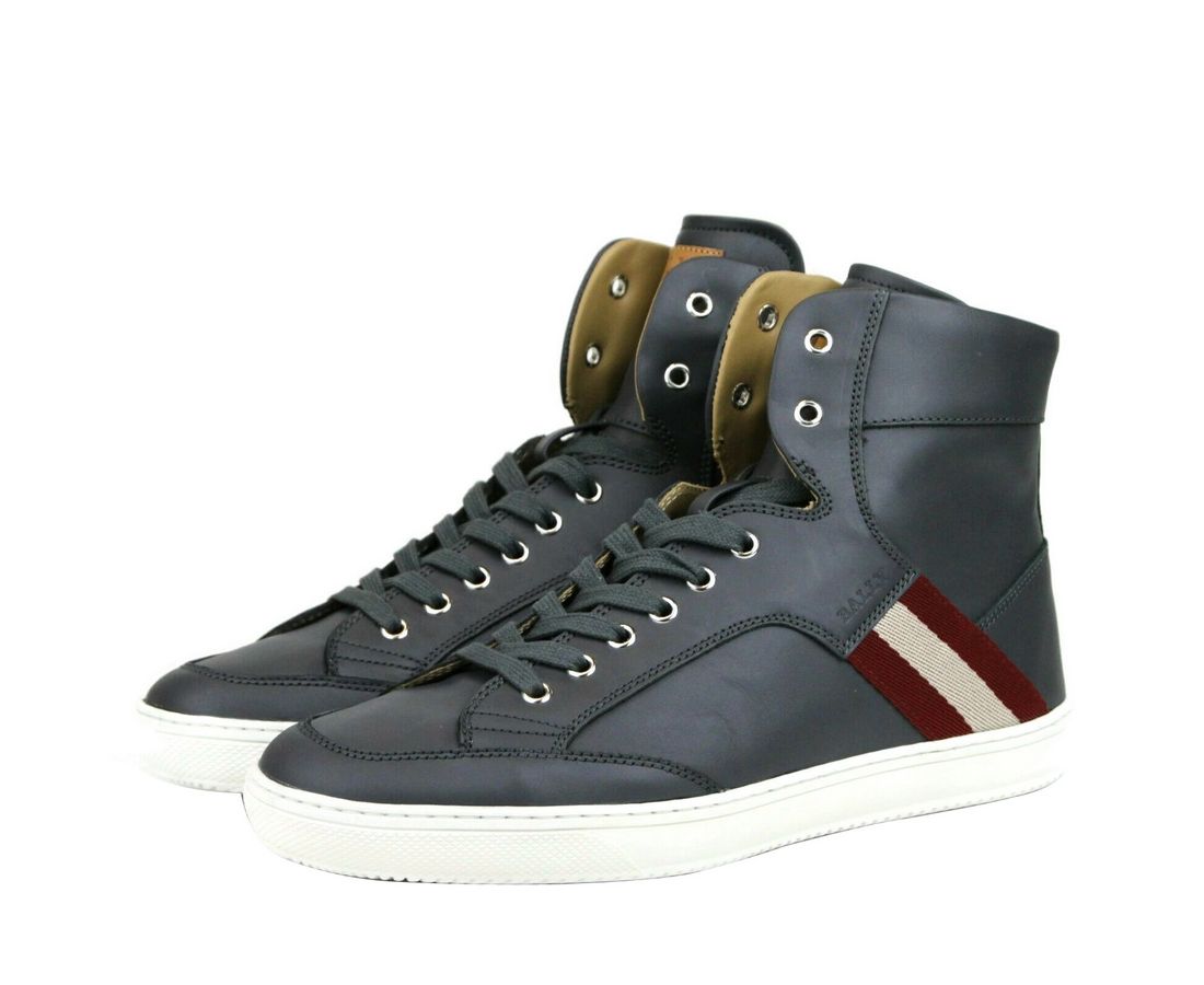 Bally Dark Gray Calf Leather Hi Top Sneaker With Red Beige