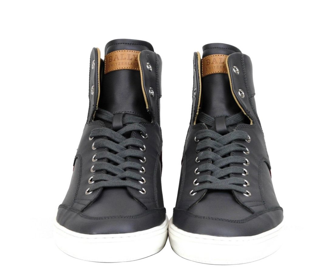 Bally Dark Gray Calf Leather Hi Top Sneaker With Red Beige