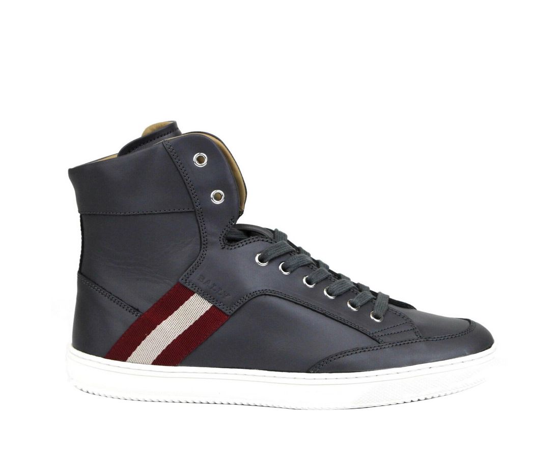 Bally Dark Gray Calf Leather Hi Top Sneaker With Red Beige