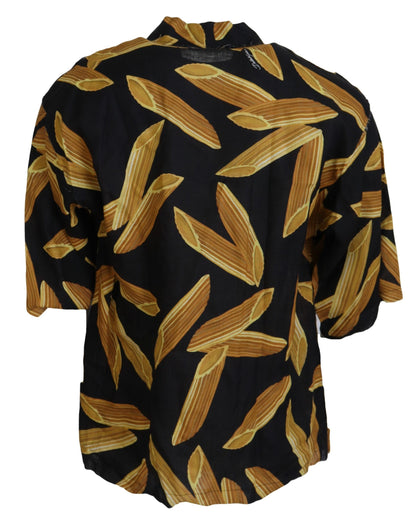 Dolce &amp; Gabbana Black Linen Shirt with Penne Rigate Print