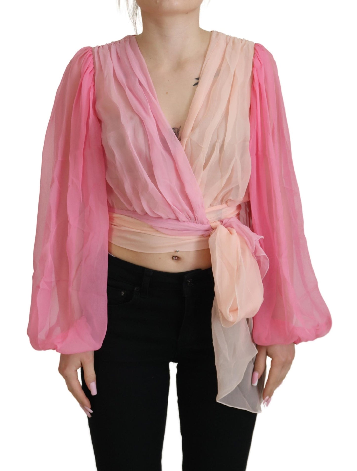 Dolce &amp; Gabbana Pink Silk Wrap Long Sleeves Blouse Top