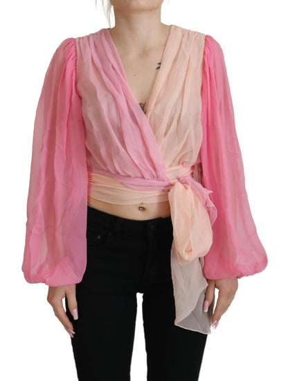 Dolce &amp; Gabbana Pink Silk Wrap Long Sleeves Blouse Top