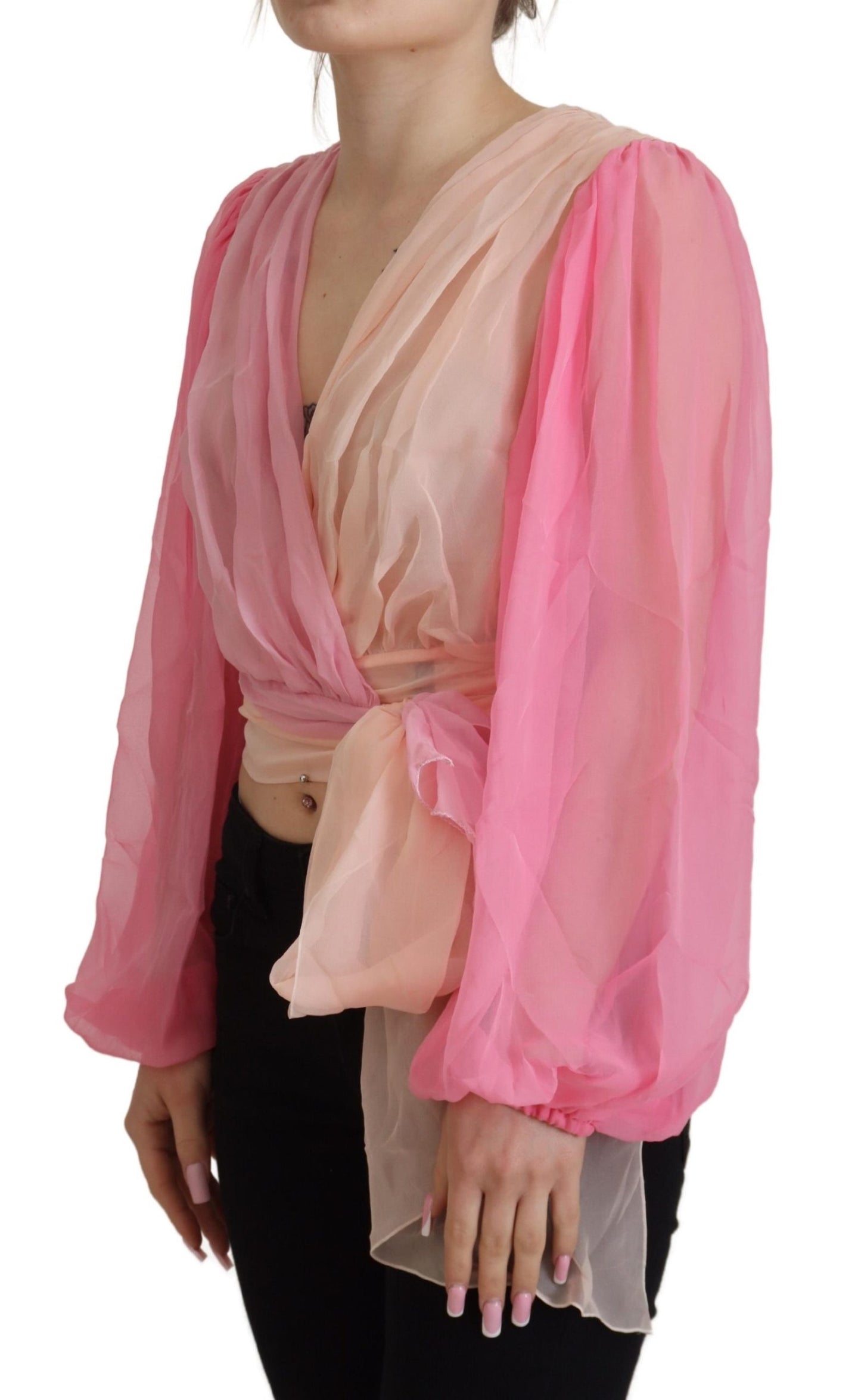 Dolce &amp; Gabbana Pink Silk Wrap Long Sleeves Blouse Top