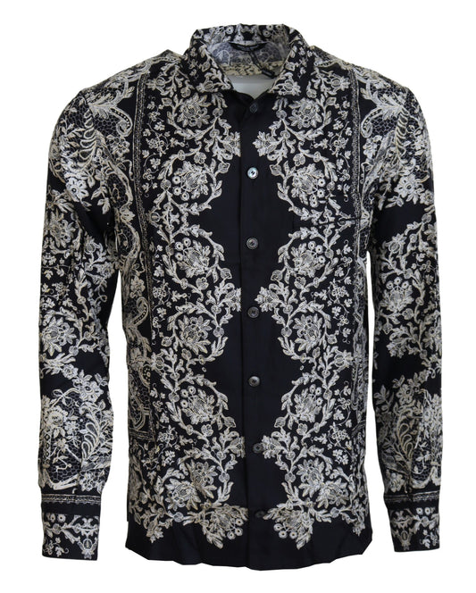 Dolce &amp; Gabbana Blue Silk Floral Baroque Satin Casual Shirt