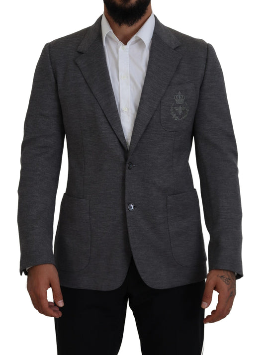 Dolce &amp; Gabbana Elegant Gray Wool Blazer with Bee Crown Embroidery