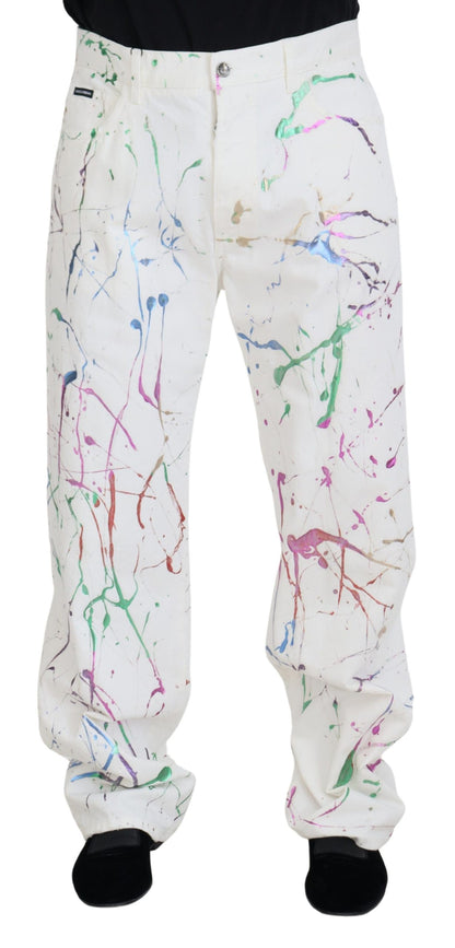 Dolce &amp; Gabbana White Cotton Color Splash Print Denim Pants