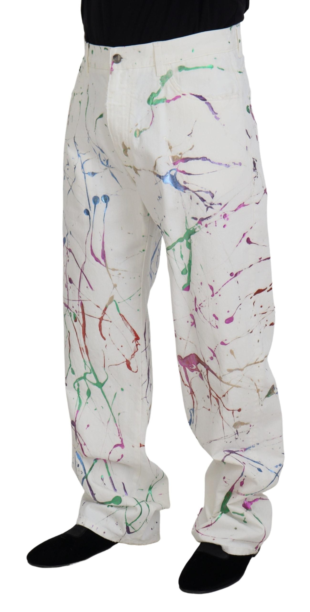 Dolce &amp; Gabbana White Cotton Color Splash Print Denim Pants