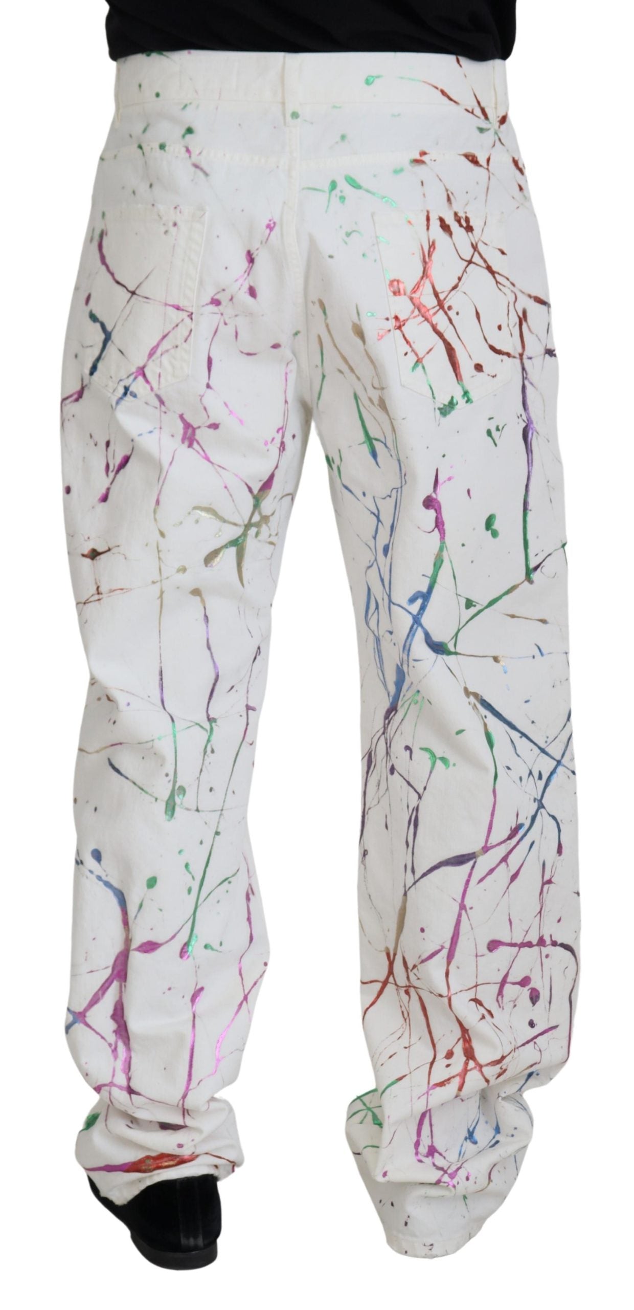 Dolce &amp; Gabbana White Cotton Color Splash Print Denim Pants