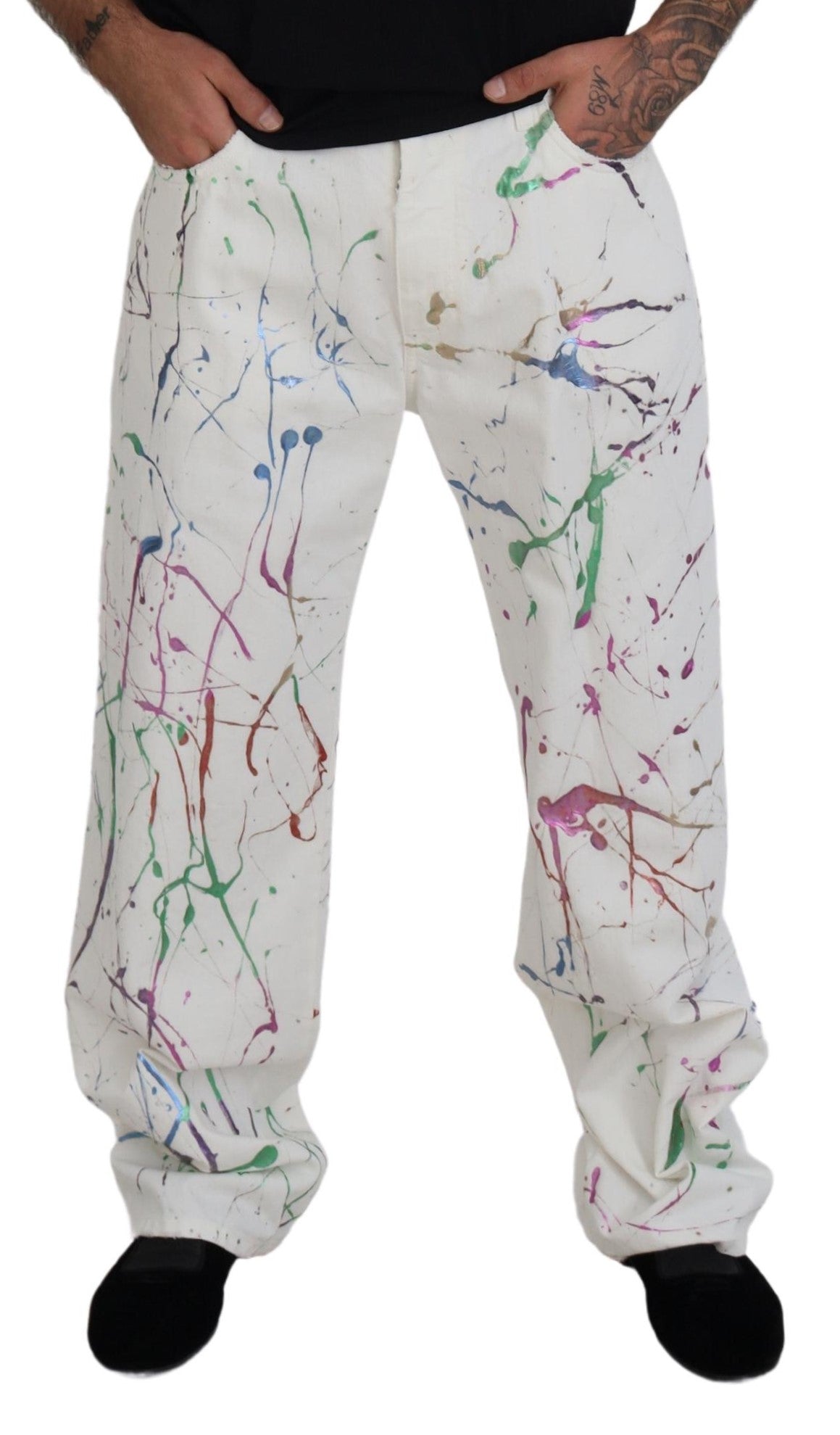 Dolce &amp; Gabbana White Cotton Color Splash Print Denim Pants