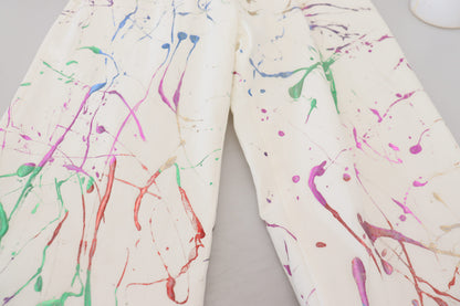 Dolce &amp; Gabbana White Cotton Color Splash Print Denim Pants