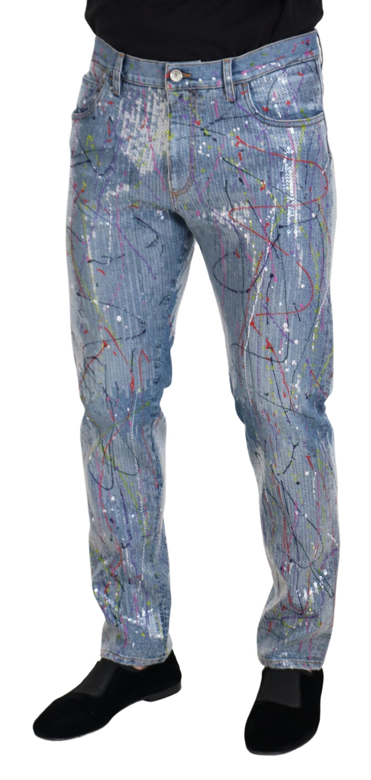 Dolce &amp; Gabbana Blue Cotton Color Splash Print Denim Jeans