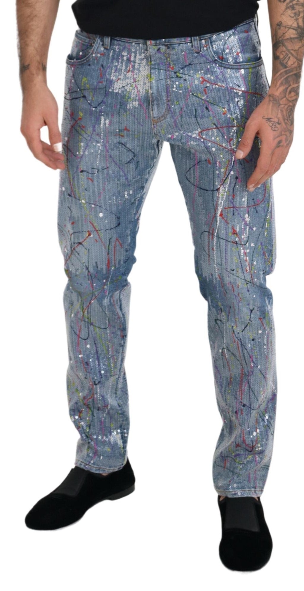 Dolce &amp; Gabbana Blue Cotton Color Splash Print Denim Jeans