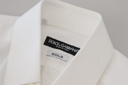 Dolce &amp; Gabbana White Cotton Slim Fit Formal Dress GOLD Shirt