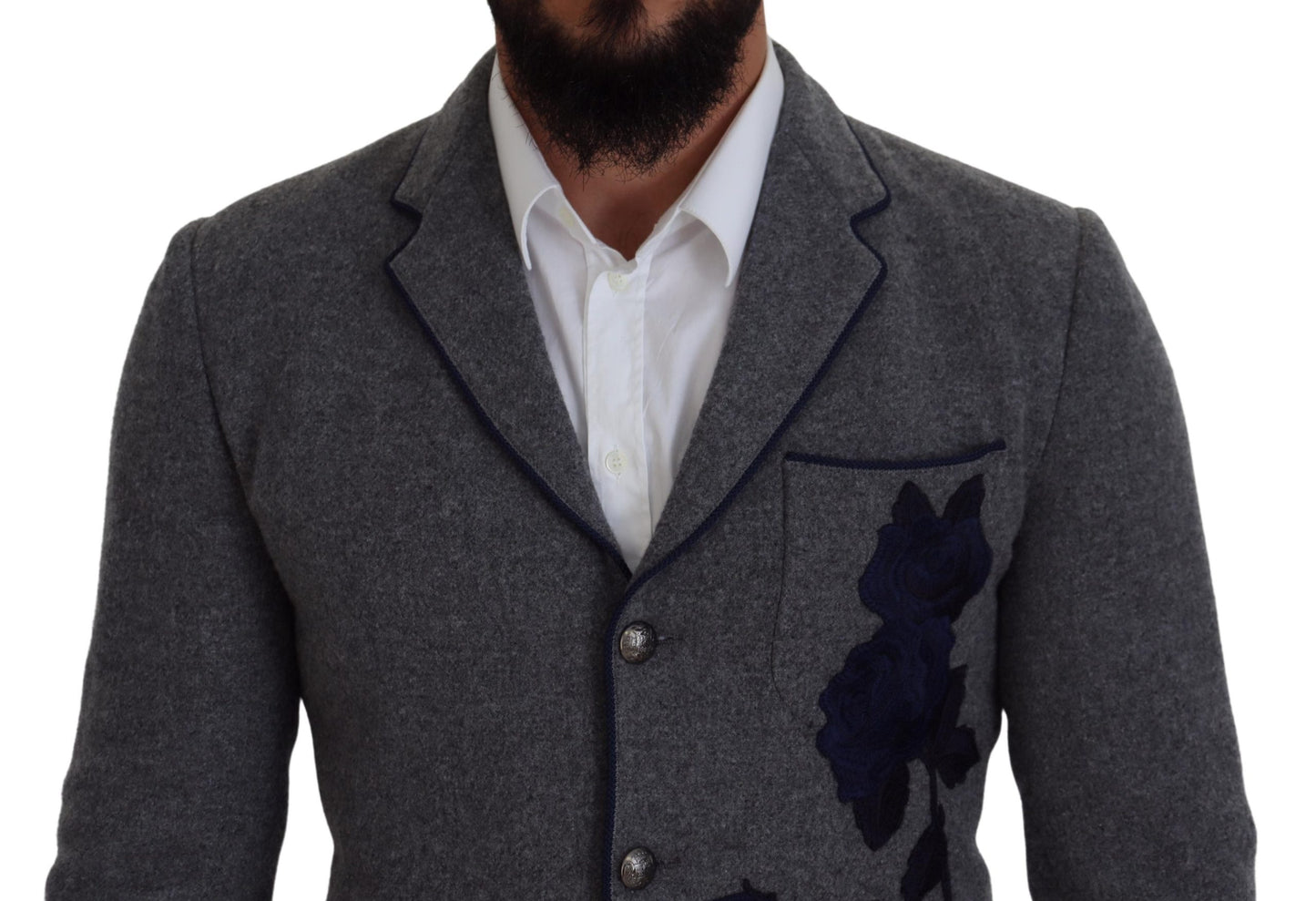 Dolce &amp; Gabbana Gray Wool Roses Slim Fit Jacket Blazer