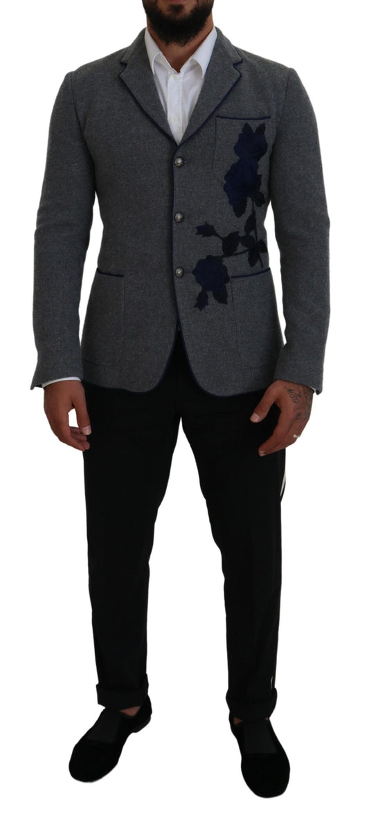 Dolce &amp; Gabbana Gray Wool Roses Slim Fit Jacket Blazer