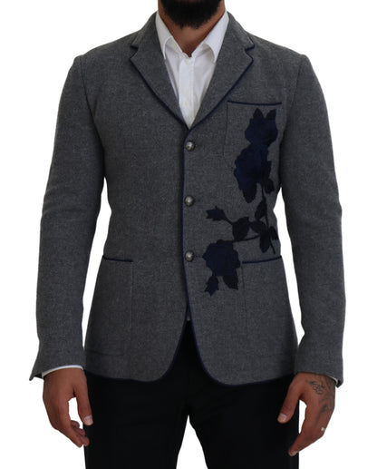 Dolce &amp; Gabbana Gray Wool Roses Slim Fit Jacket Blazer