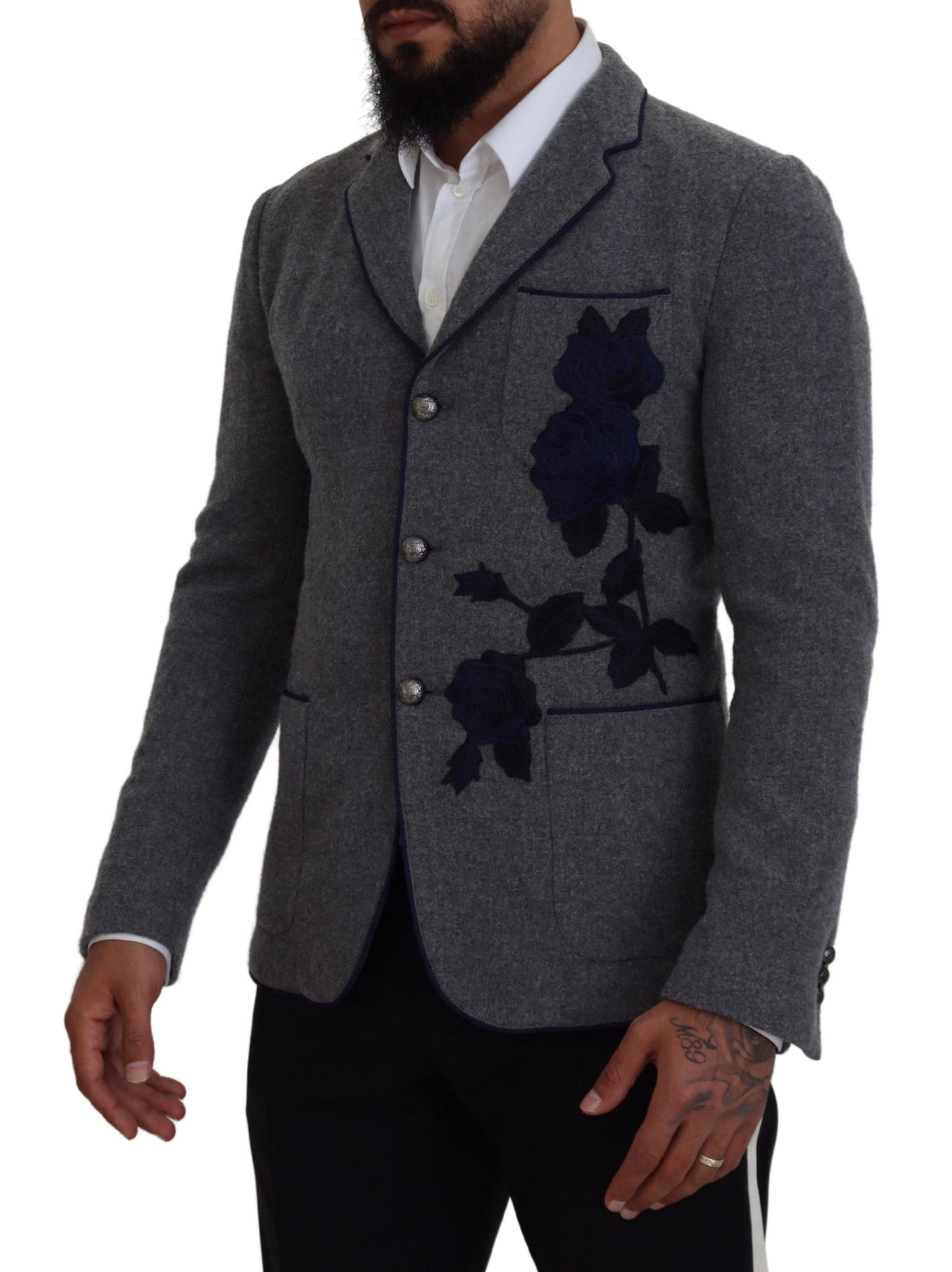 Dolce &amp; Gabbana Gray Wool Roses Slim Fit Jacket Blazer