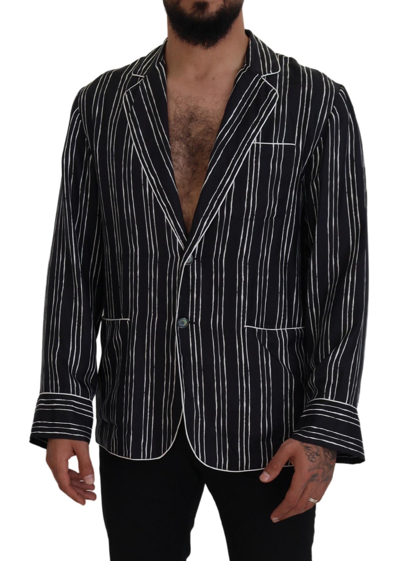 Dolce &amp; Gabbana Blue Striped Silk Pajama Shirt Jacket