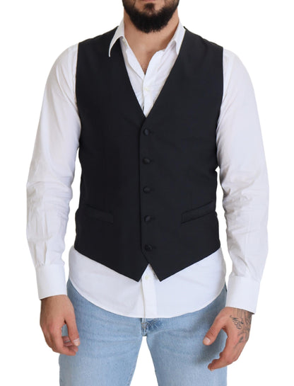 Dolce &amp; Gabbana Black Wool Stretch Waistcoat Formal Vest