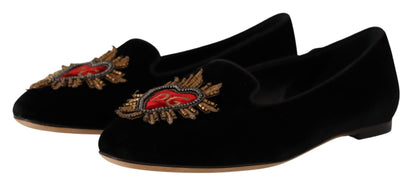 Dolce &amp; Gabbana Black DG Sacred Heart Patch Slip On Flat Shoes