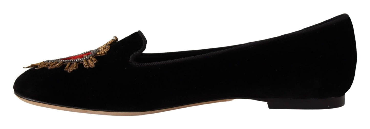 Dolce &amp; Gabbana Black DG Sacred Heart Patch Slip On Flat Shoes