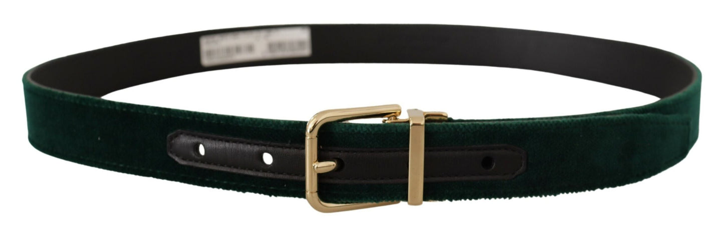 Dolce & Gabbana Emerald Velvet Designer Belt with Golden Buckle