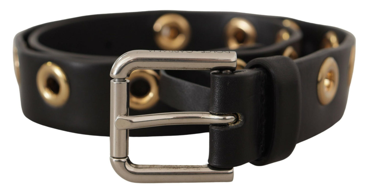 Dolce &amp; Gabbana Chic Black Leather Belt with Engraved Buckle