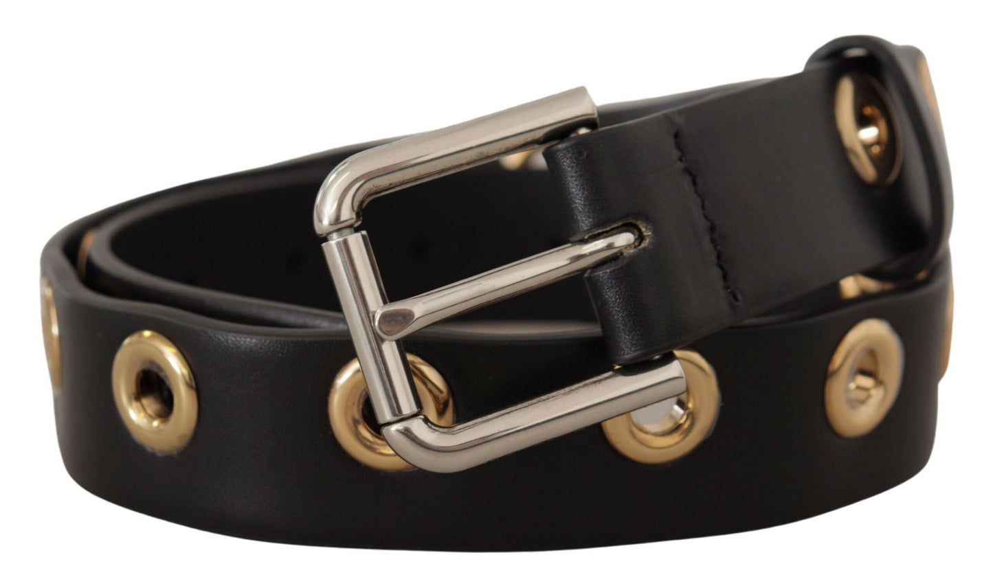 Dolce &amp; Gabbana Chic Black Leather Belt with Engraved Buckle