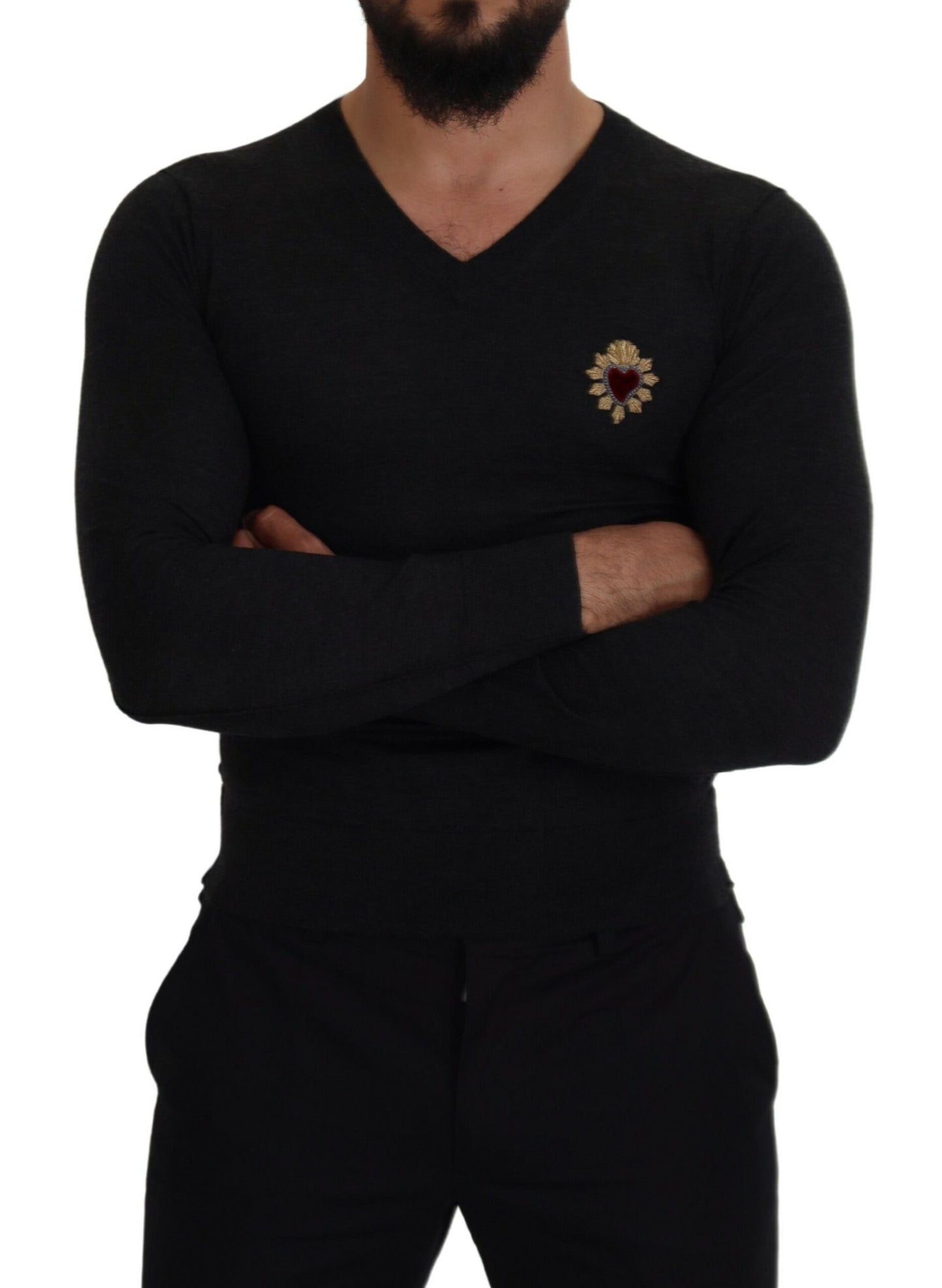 Dolce & Gabbana V-Neck Cashmere Sweater with Heart Embroidery