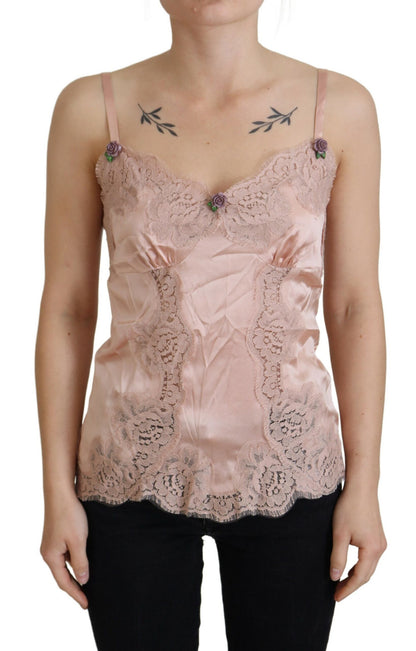 Dolce &amp; Gabbana Pink Satin Lace Roses Tank Top Lingerie