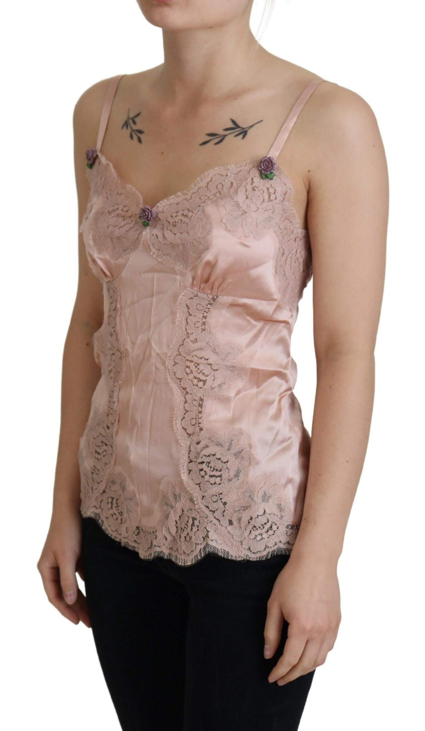 Dolce &amp; Gabbana Pink Satin Lace Roses Tank Top Lingerie