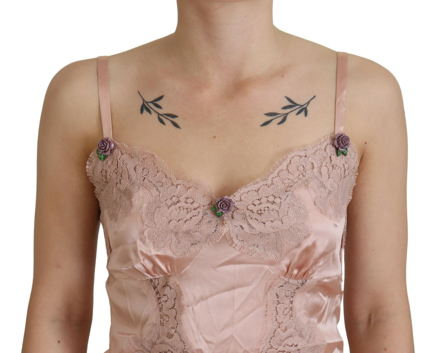 Dolce &amp; Gabbana Pink Satin Lace Roses Tank Top Lingerie