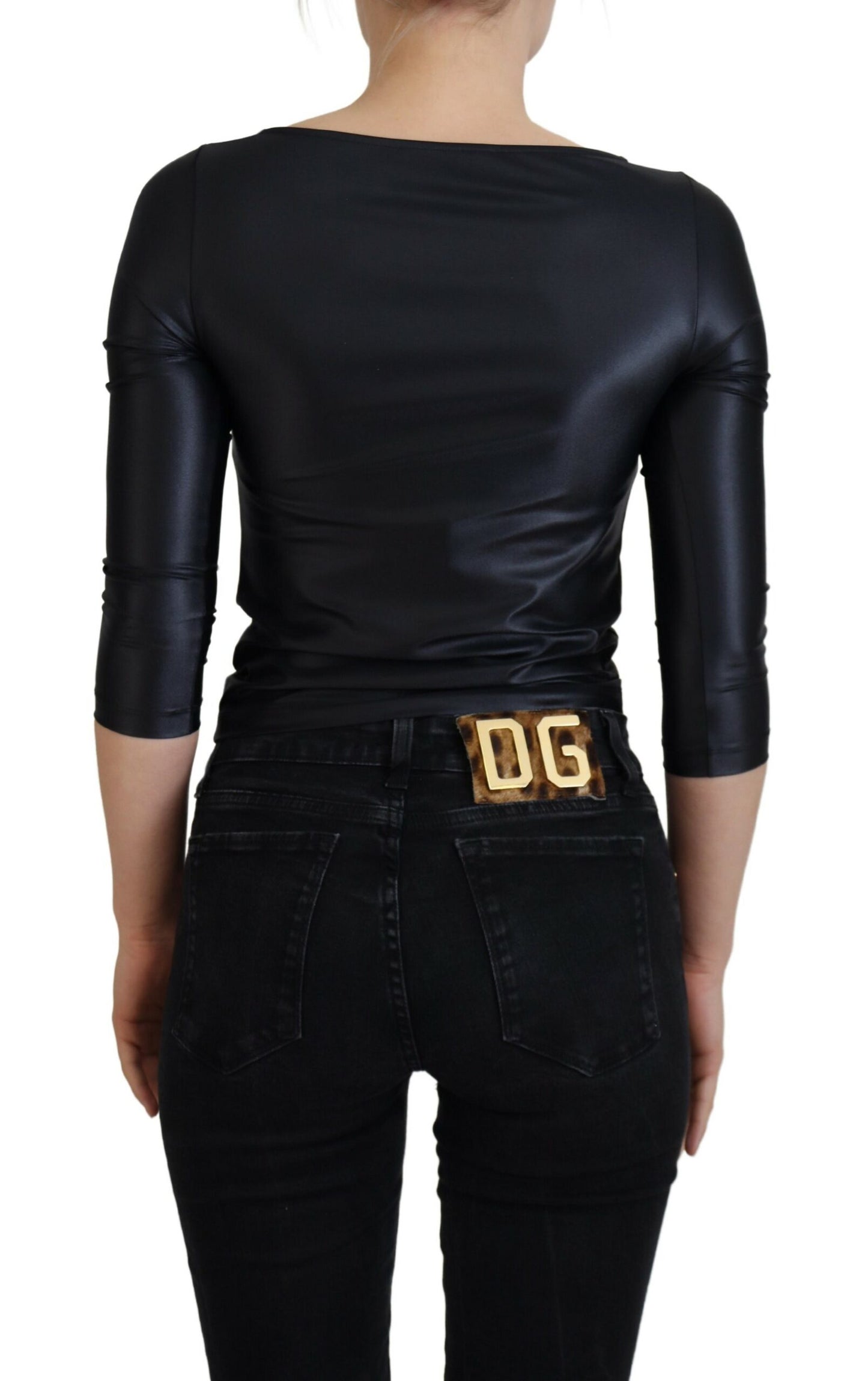 Dolce &amp; Gabbana Elegant Black 3/4 Sleeve Top with Gold Detailing