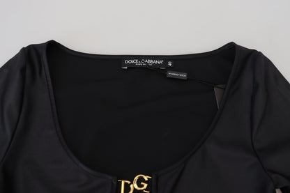 Dolce &amp; Gabbana Elegant Black 3/4 Sleeve Top with Gold Detailing