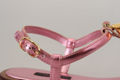 Dolce & Gabbana Chic Pink Leather Sandals with Exquisite Embellishment