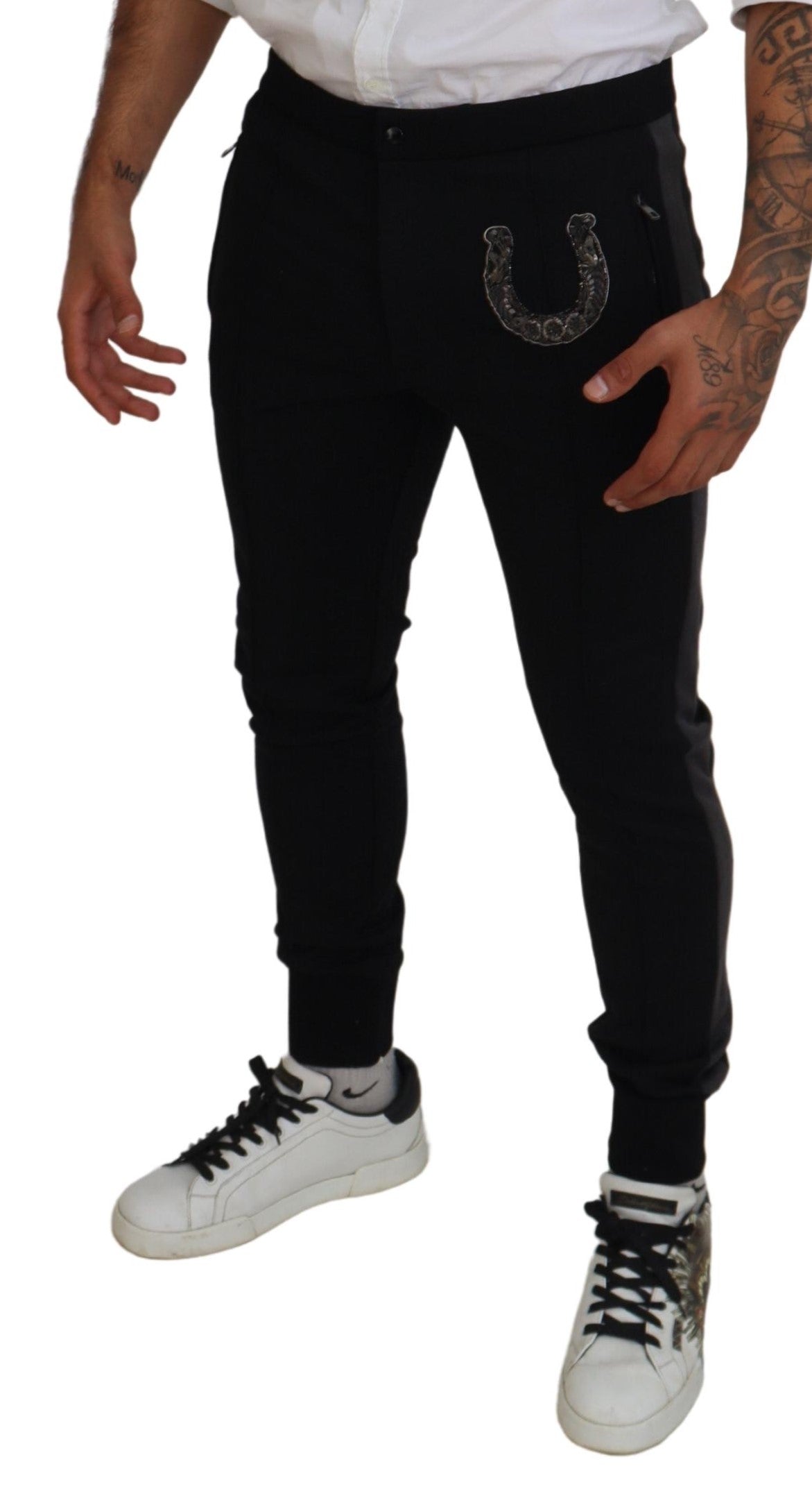 Dolce &amp; Gabbana Black Wool Horseshoe Jogger Pants