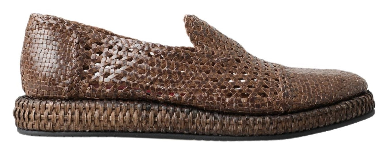 Dolce &amp; Gabbana Brown Woven Leather Casual Loafers