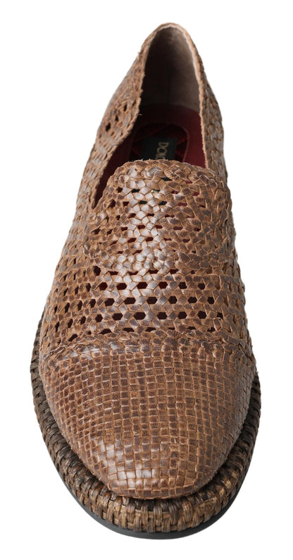 Dolce &amp; Gabbana Brown Woven Leather Casual Loafers