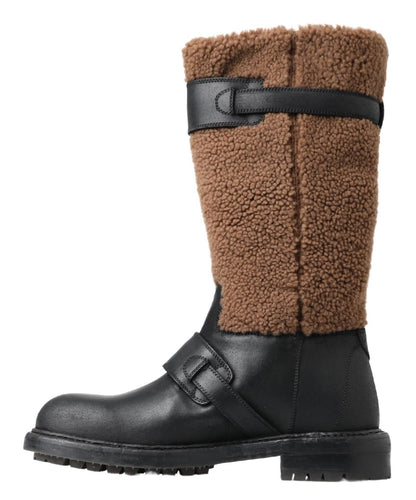 Dolce &amp; Gabbana Black Leather Brown Shearling Boots