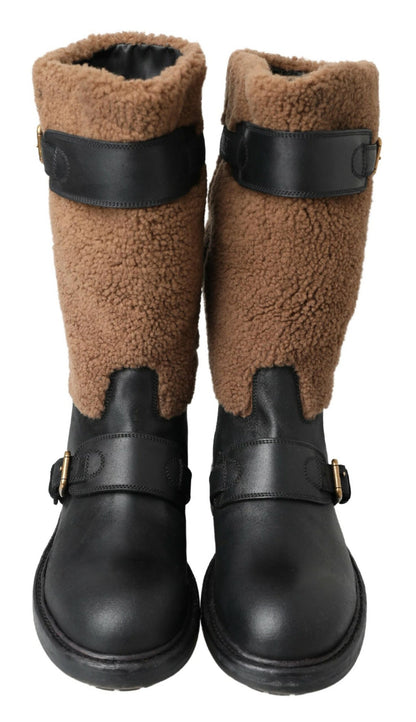 Dolce &amp; Gabbana Black Leather Brown Shearling Boots