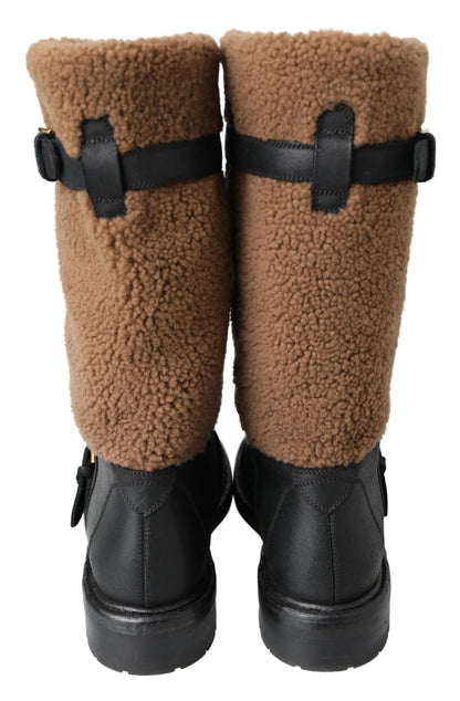 Dolce &amp; Gabbana Black Leather Brown Shearling Boots