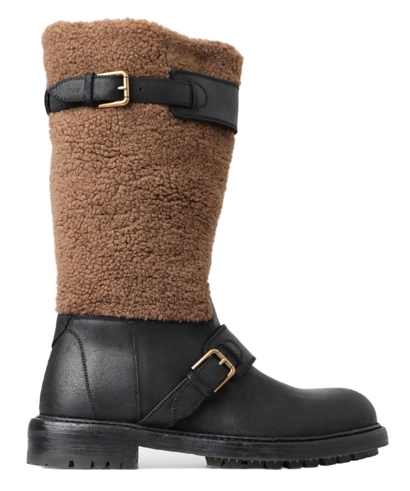 Dolce &amp; Gabbana Black Leather Brown Shearling Boots