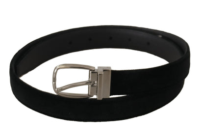 Dolce &amp; Gabbana Elegant Black Velvet Engraved Buckle Belt