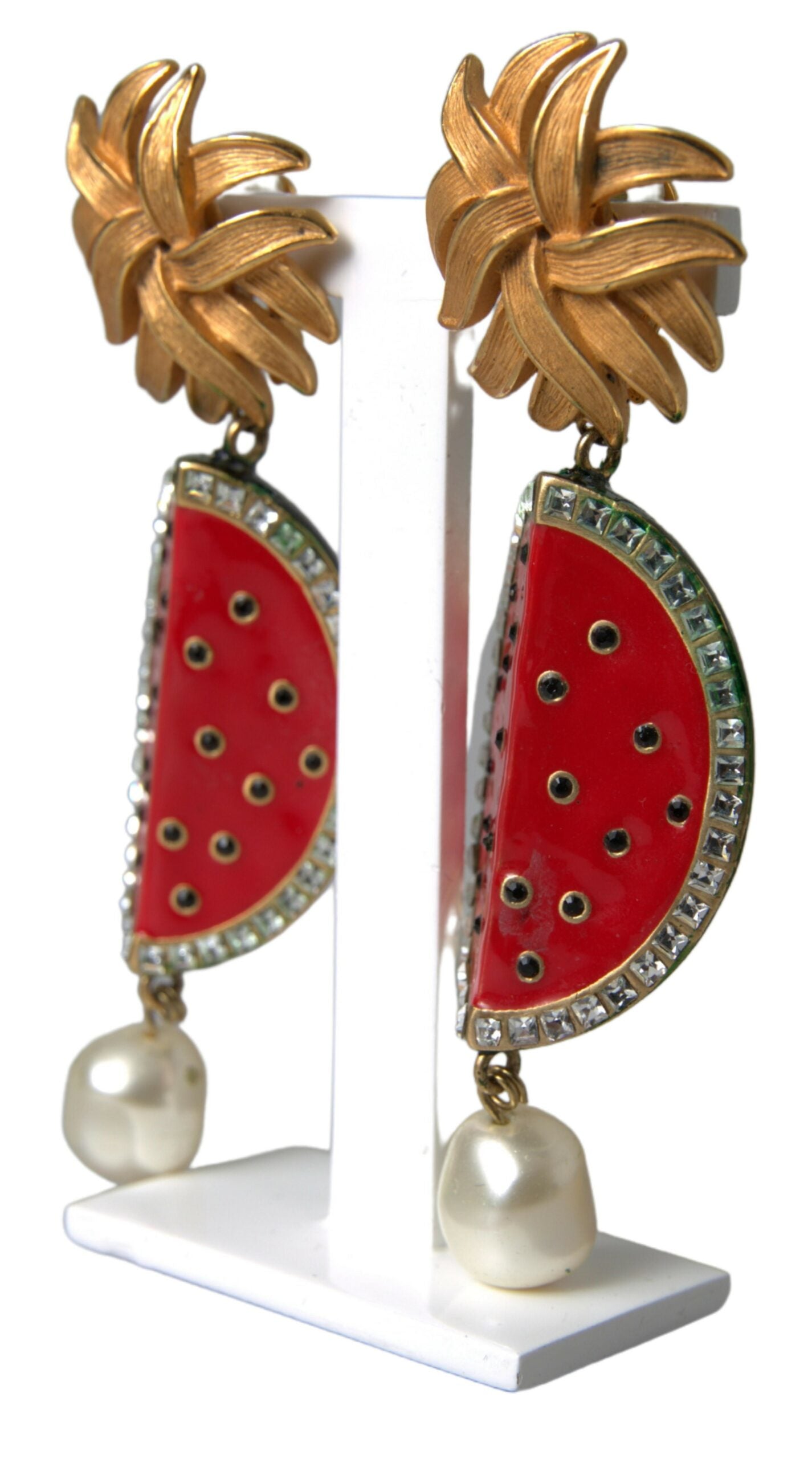 Dolce &amp; Gabbana Red Watermelon Gold Brass Crystal Clip Dangling Earrings